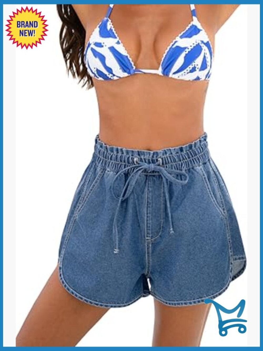 High Waist Denim Shorts Elastic Drawstring Casual Loose Fit Summer